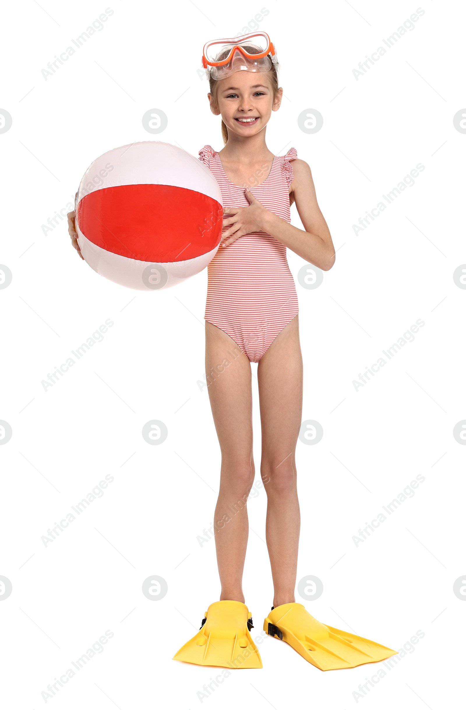 Photo of Happy girl in beachwear with diving mask, flippers and inflatable ball on white background