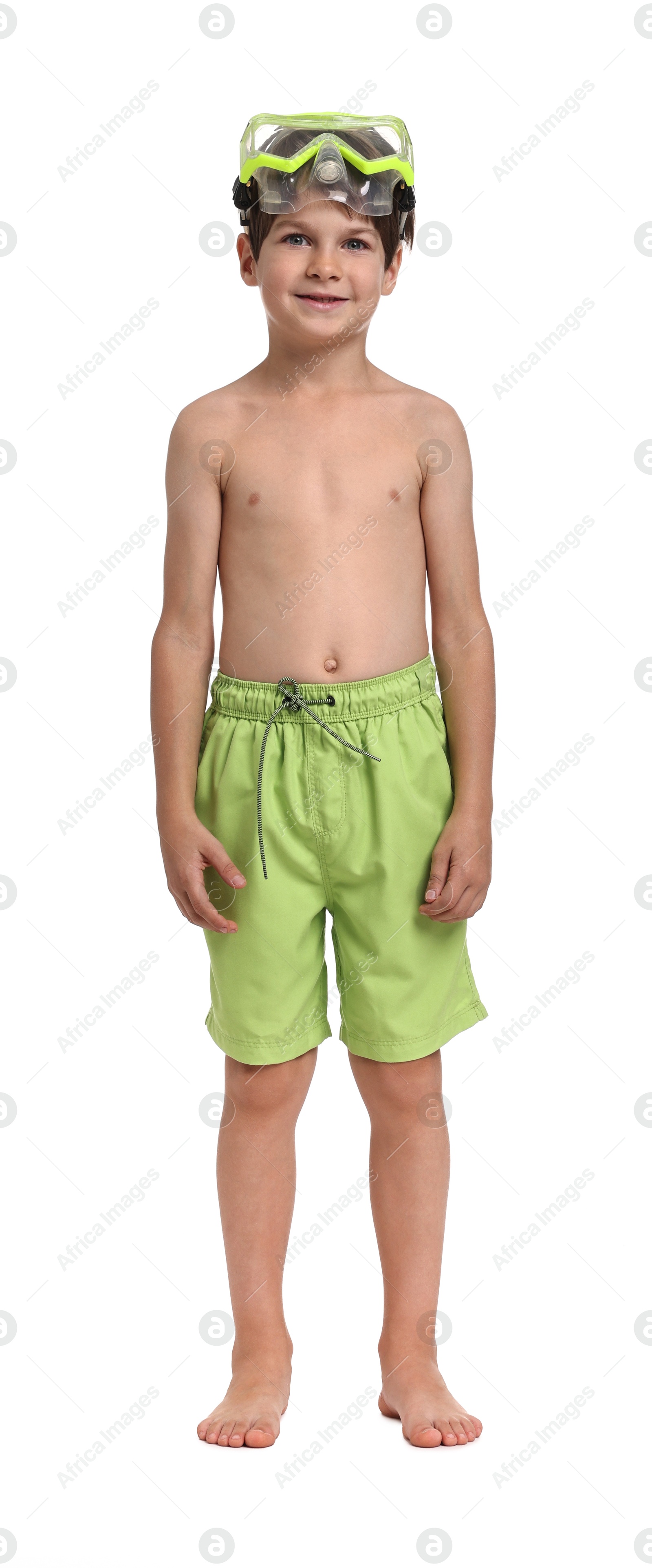 Photo of Little boy in beachwear with diving mask on white background