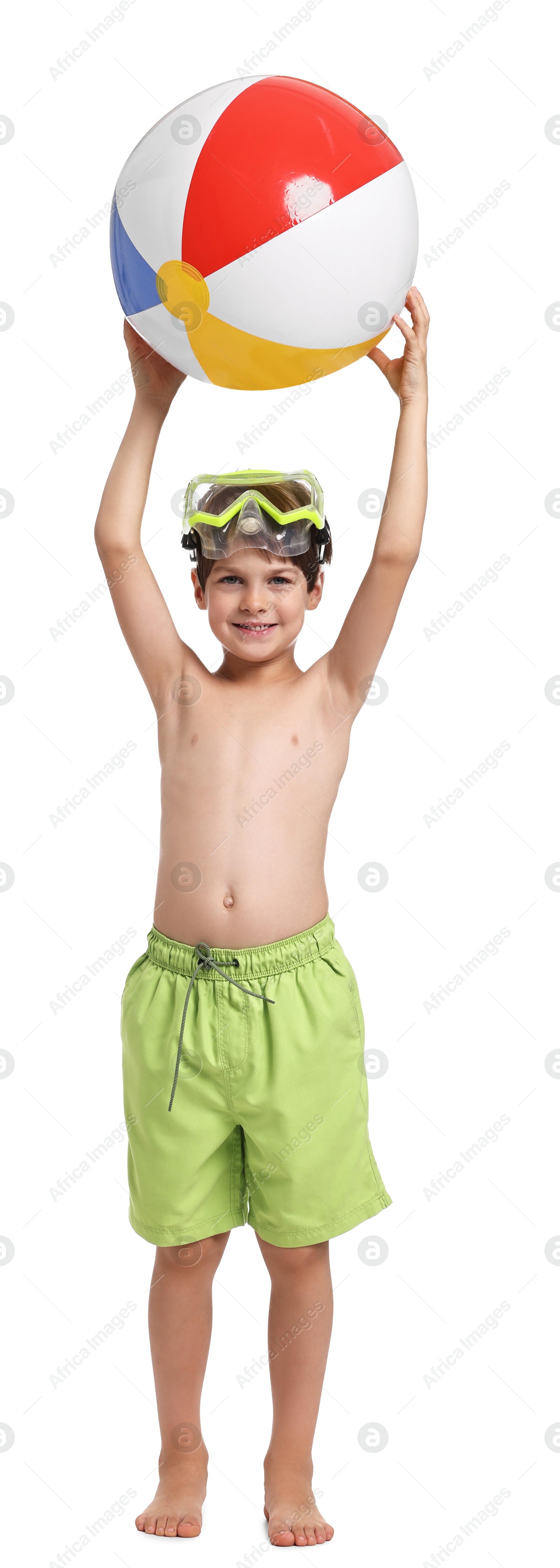 Photo of Happy little boy in beachwear with inflatable ball and diving mask on white background