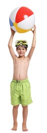 Happy little boy in beachwear with inflatable ball and diving mask on white background