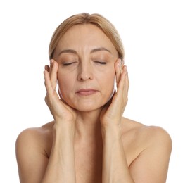 Photo of Beautiful woman doing facial self massage on white background