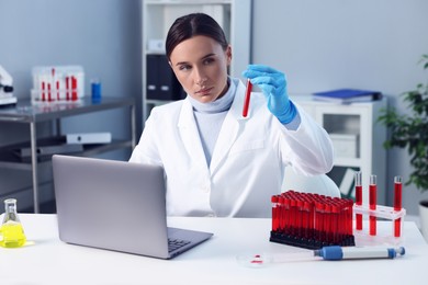 Laboratory testing. Doctor holding test tube with blood sample at table indoors