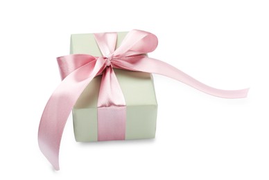 Photo of Beautiful gift box with pink bow isolated on white