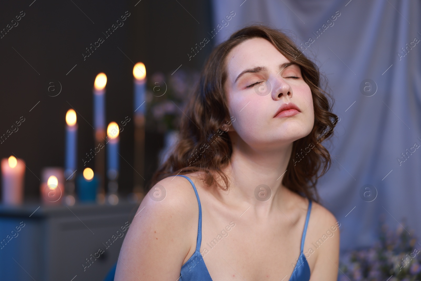 Photo of Beautiful young woman in room, closeup. Fashion vintage style portrait