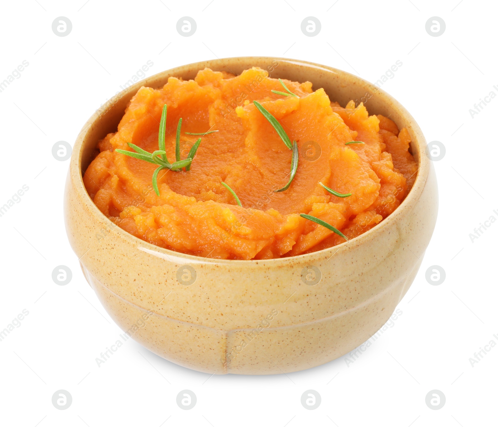 Photo of Tasty mashed sweet potato with rosemary in bowl isolated on white