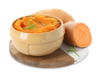 Photo of Tasty mashed sweet potato with rosemary in bowl and fresh vegetables isolated on white