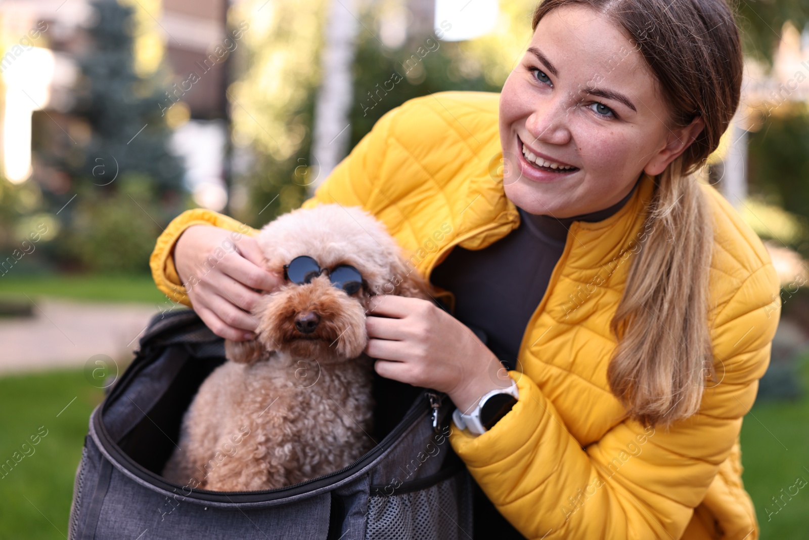 Photo of Woman with cute Toy Poodle dog in sunglasses outdoors