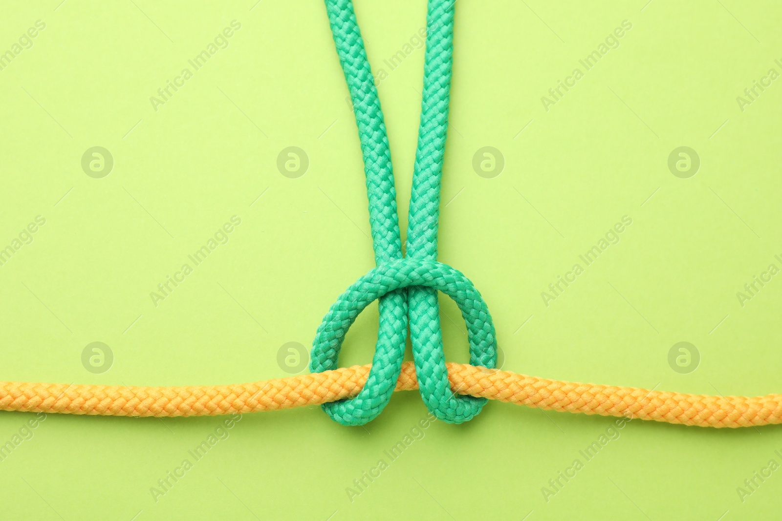 Photo of Colorful ropes tied in knot on green background, top view. Unity concept