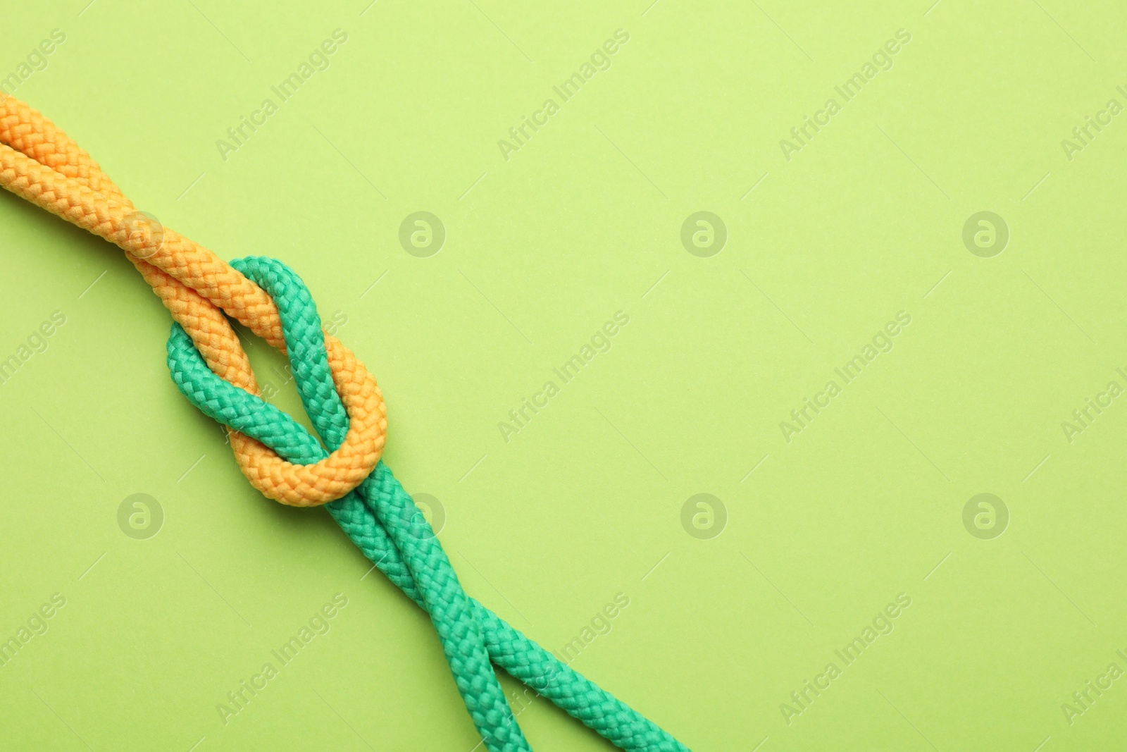 Photo of Colorful ropes tied in knot on green background, top view with space for text. Unity concept