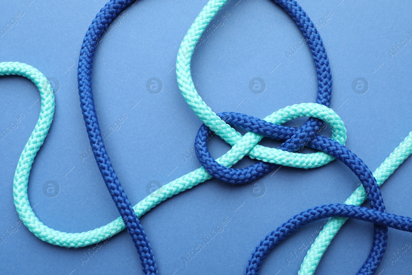 Photo of Colorful ropes tied in knot on blue background, top view. Unity concept