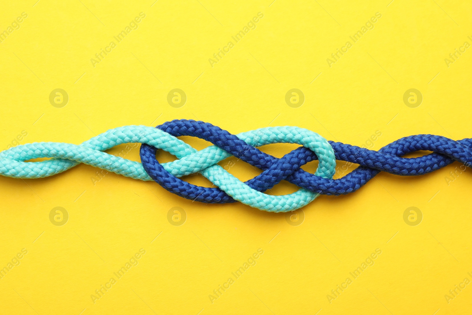 Photo of Colorful ropes tied in knot on yellow background, top view. Unity concept