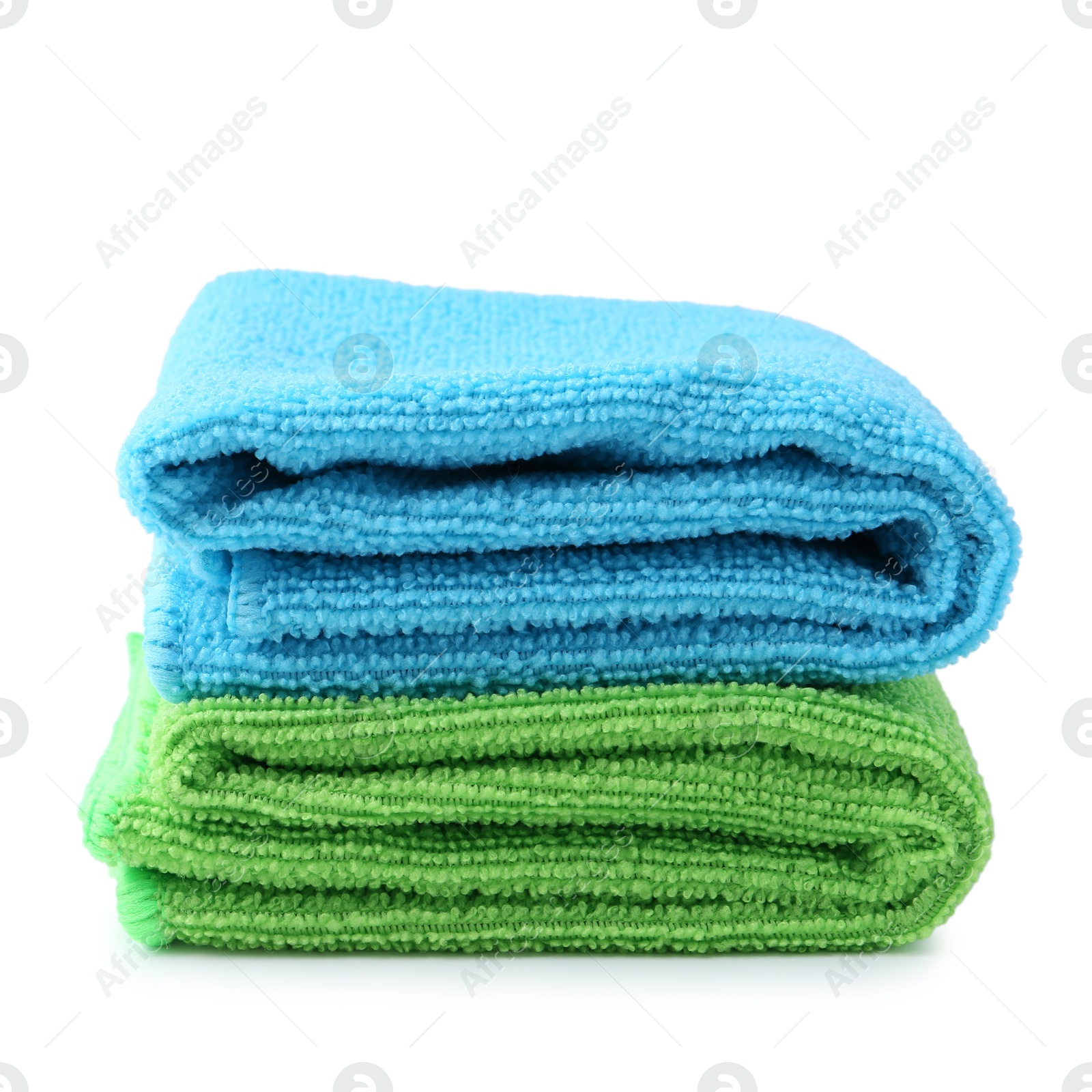 Photo of Green and light blue microfiber cloths isolated on white