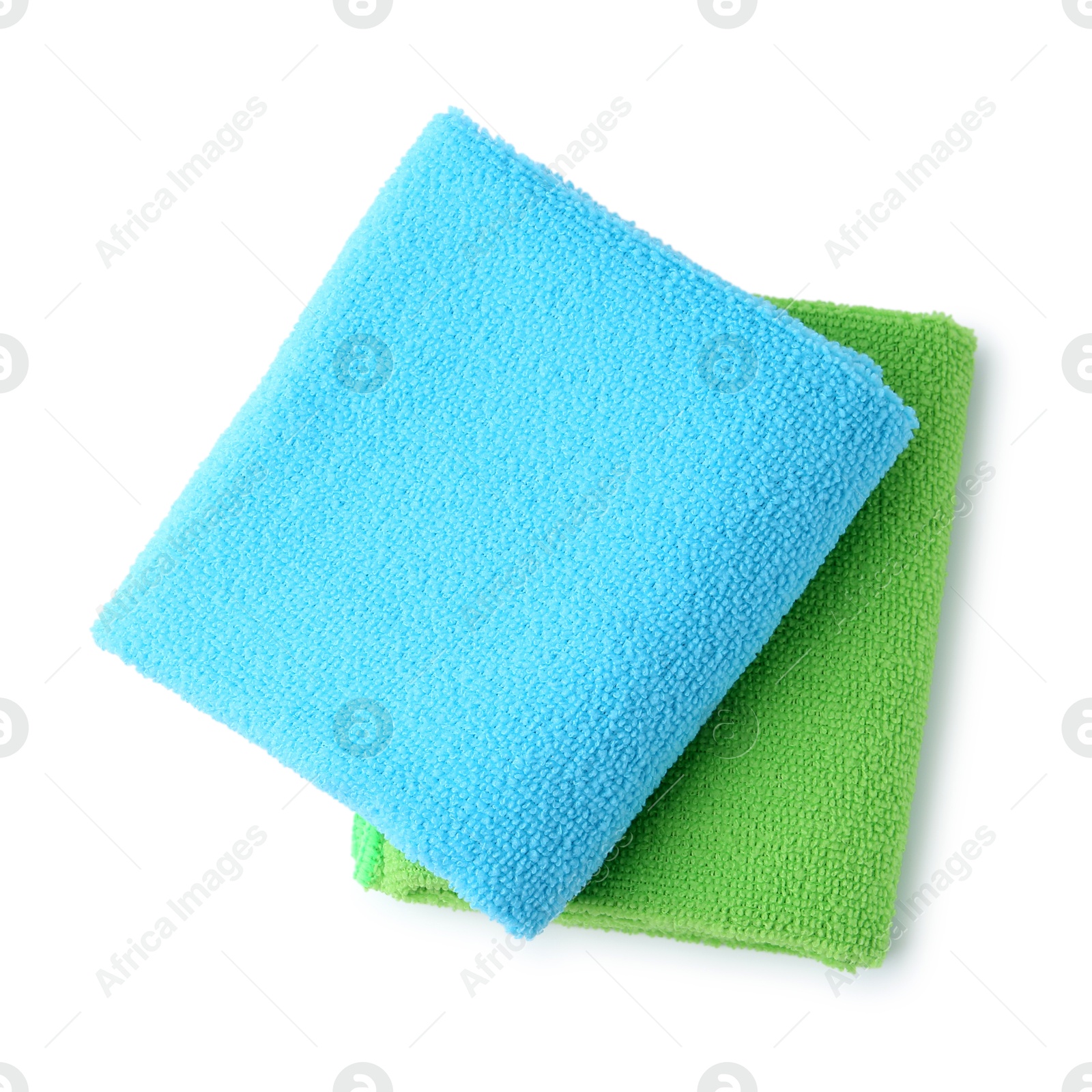 Photo of Green and light blue microfiber cloths isolated on white