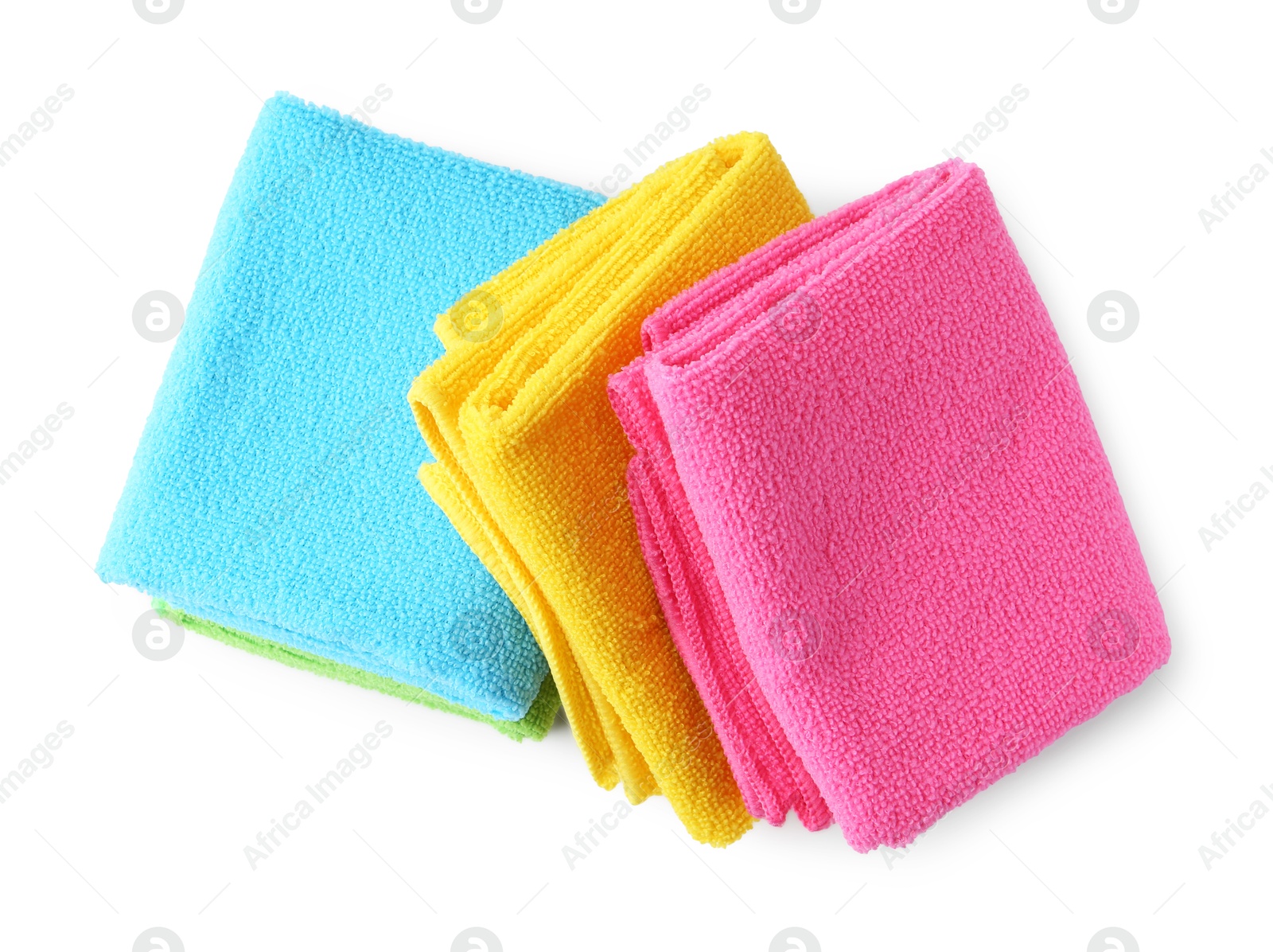 Photo of Different microfiber cloths isolated on white, top view