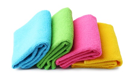 Photo of Many different microfiber cloths isolated on white