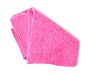 Photo of Clean pink microfiber cloth isolated on white, top view