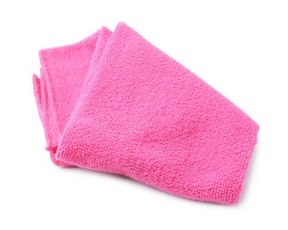 Photo of Clean pink microfiber cloth isolated on white