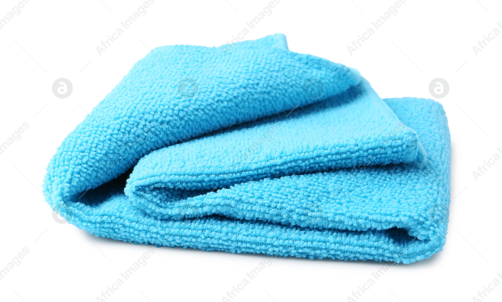 Photo of Clean light blue microfiber cloth isolated on white