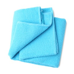 Photo of Clean light blue microfiber cloth isolated on white, top view