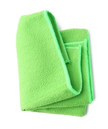 Photo of Clean green microfiber cloth isolated on white, top view