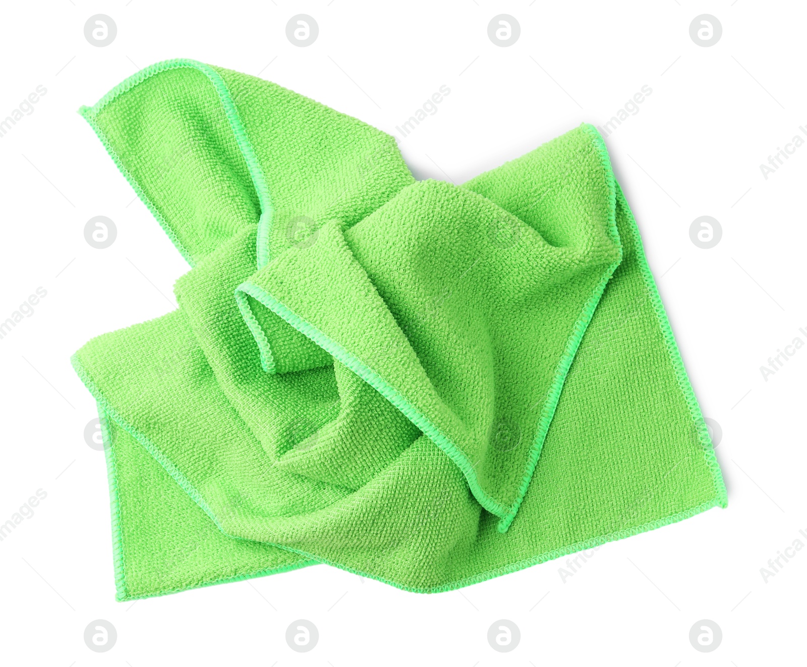 Photo of Clean green microfiber cloth isolated on white, top view