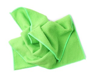 Photo of Clean green microfiber cloth isolated on white, top view