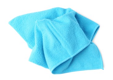 Photo of Clean light blue microfiber cloth isolated on white, top view