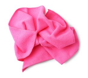 Clean pink microfiber cloth isolated on white, top view