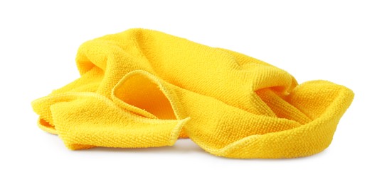 Photo of Clean yellow microfiber cloth isolated on white