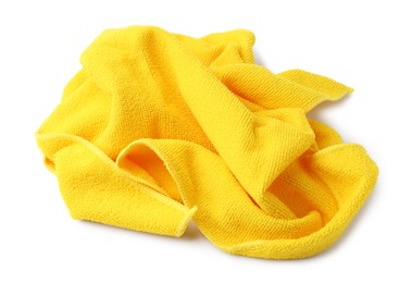 Photo of Clean yellow microfiber cloth isolated on white