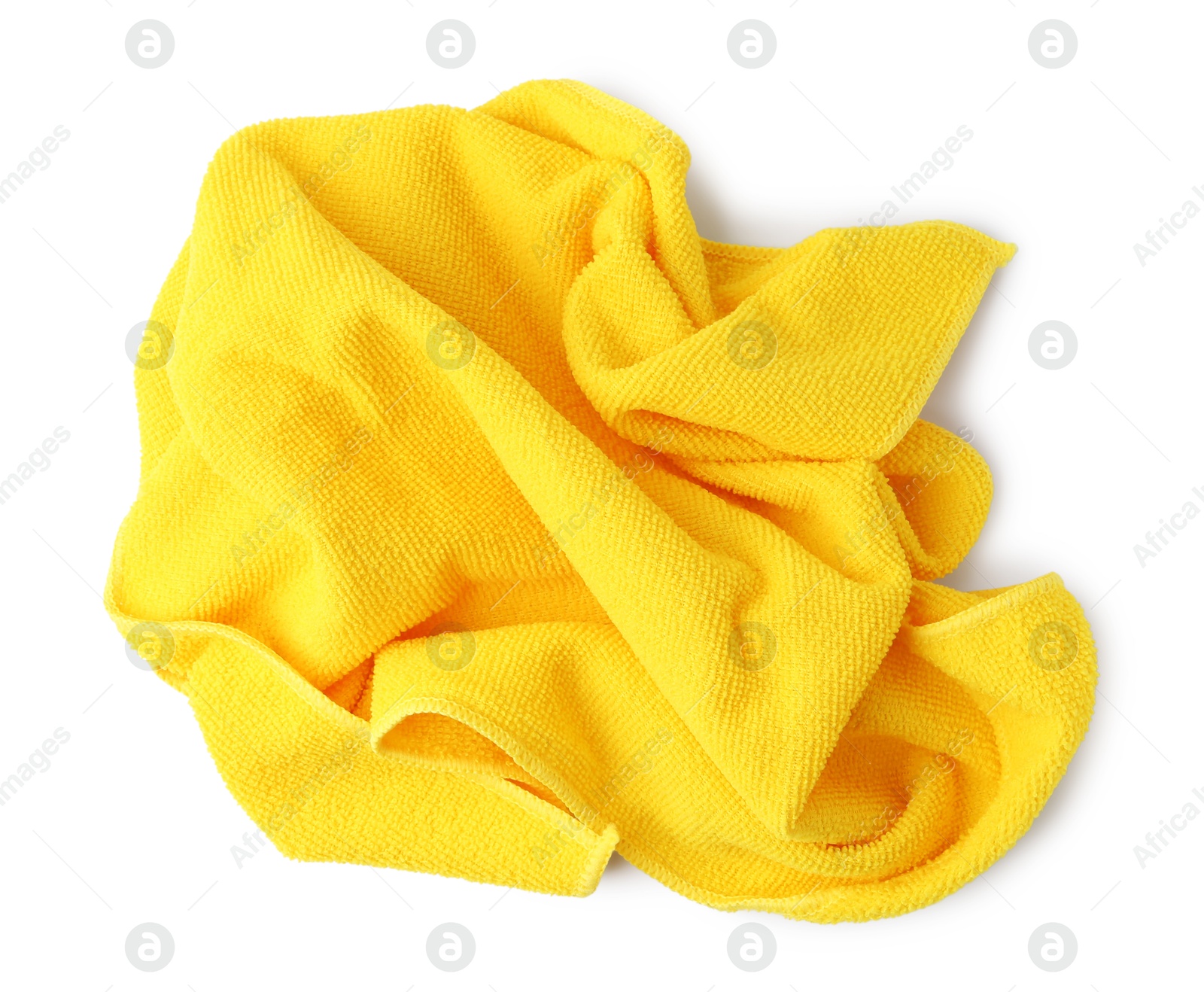 Photo of Clean yellow microfiber cloth isolated on white, top view