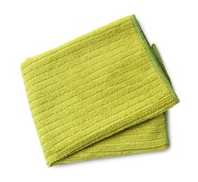 Photo of Clean green microfiber cloth isolated on white, top view