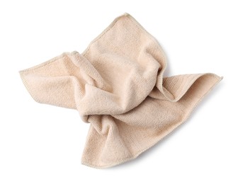 Clean beige microfiber cloth isolated on white, top view