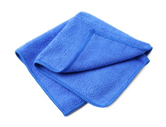 Photo of Clean blue microfiber cloth isolated on white