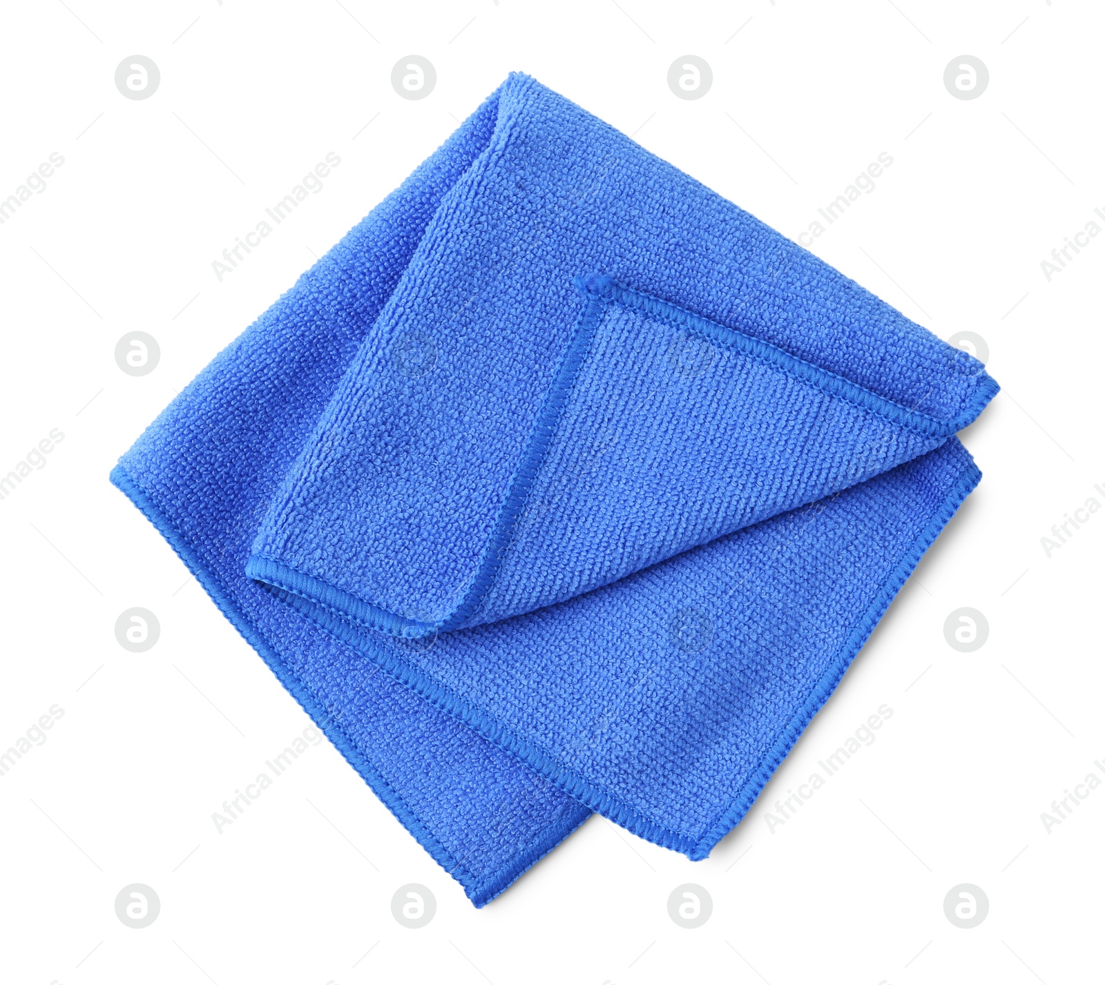 Photo of Clean blue microfiber cloth isolated on white, top view