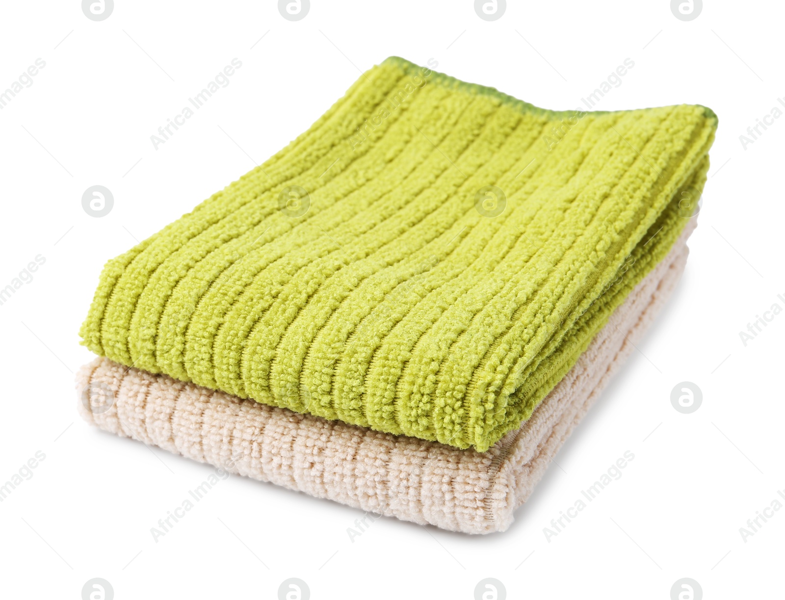 Photo of Green and beige microfiber cloths isolated on white