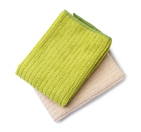 Photo of Green and beige microfiber cloths isolated on white, top view