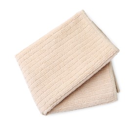 Photo of Clean beige microfiber cloth isolated on white, top view