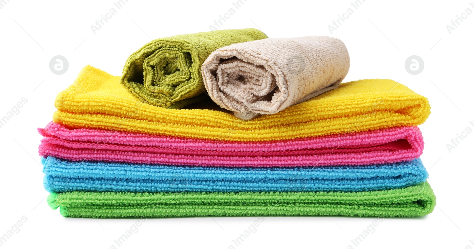 Photo of Many different microfiber cloths isolated on white