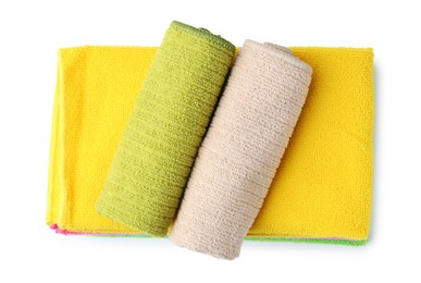 Photo of Many different microfiber cloths isolated on white, top view