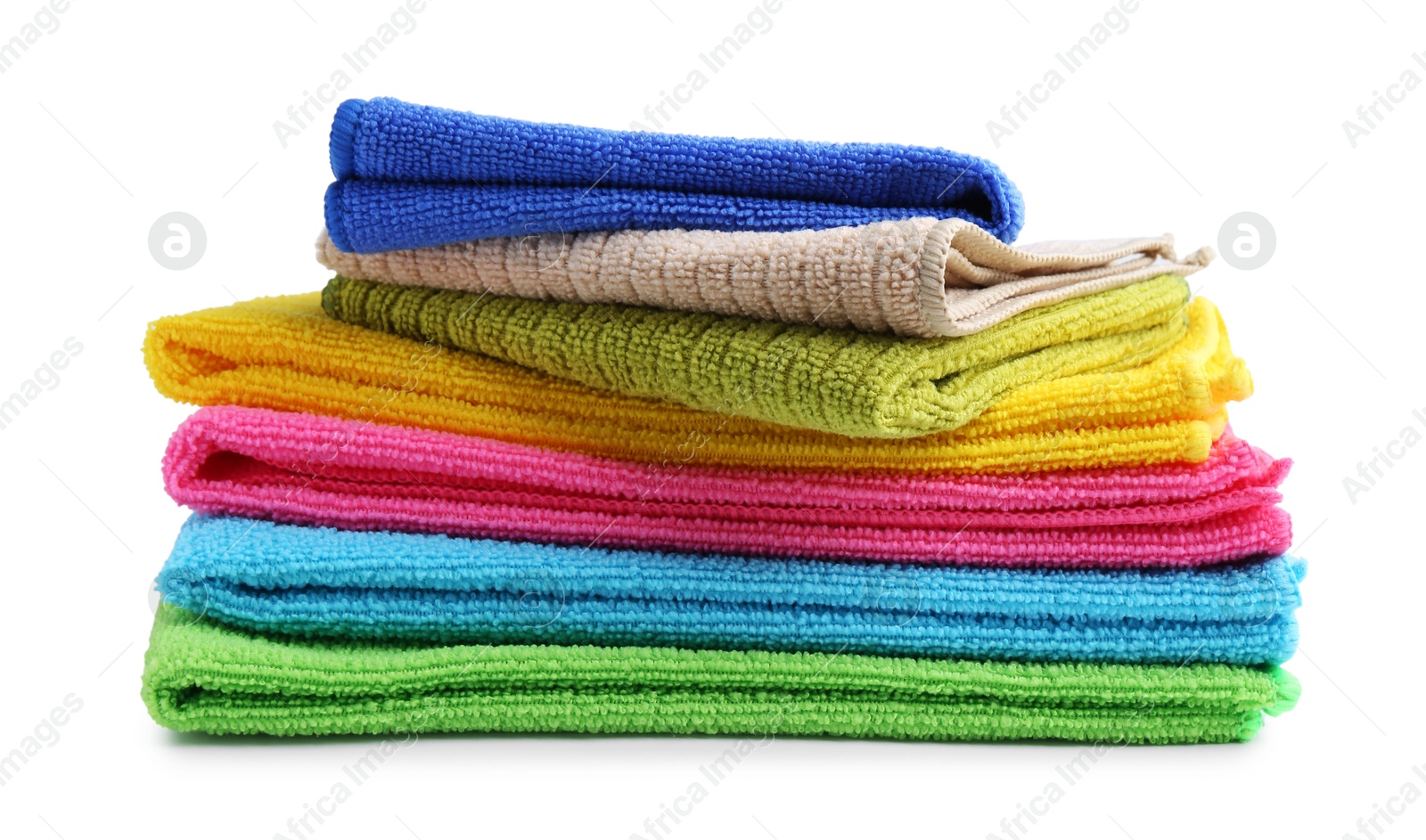 Photo of Stack different microfiber cloths isolated on white