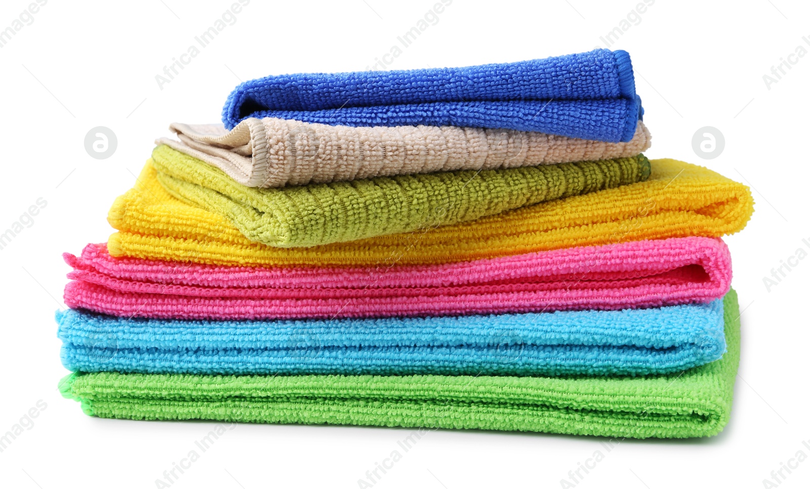 Photo of Stack different microfiber cloths isolated on white