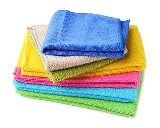 Photo of Stack different microfiber cloths isolated on white