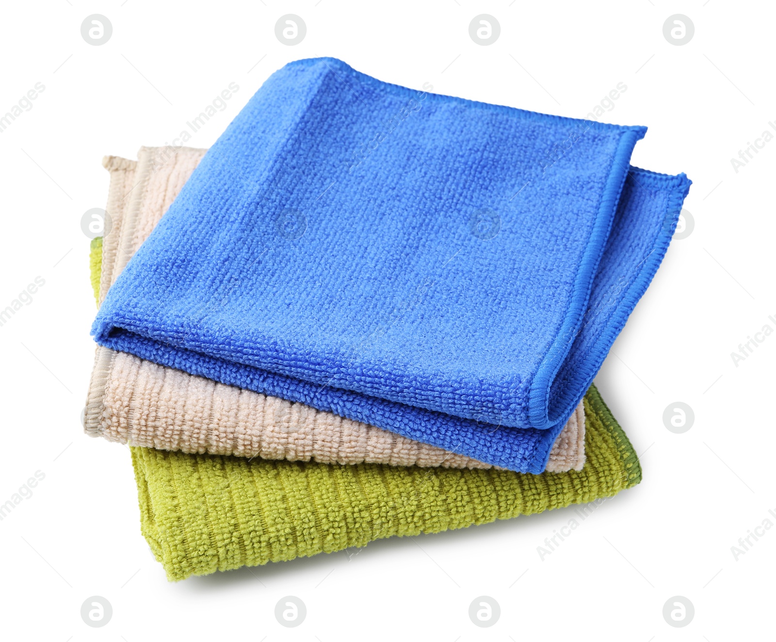 Photo of Stack different microfiber cloths isolated on white