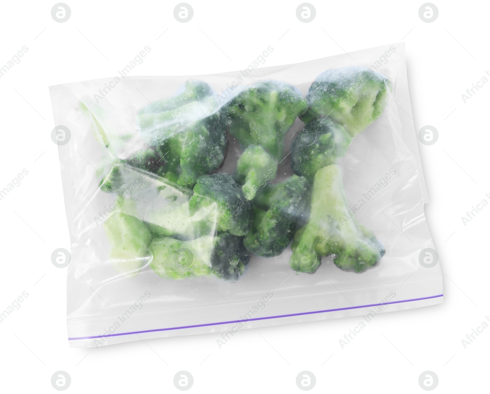 Photo of Frozen broccoli in plastic bag isolated on white, top view