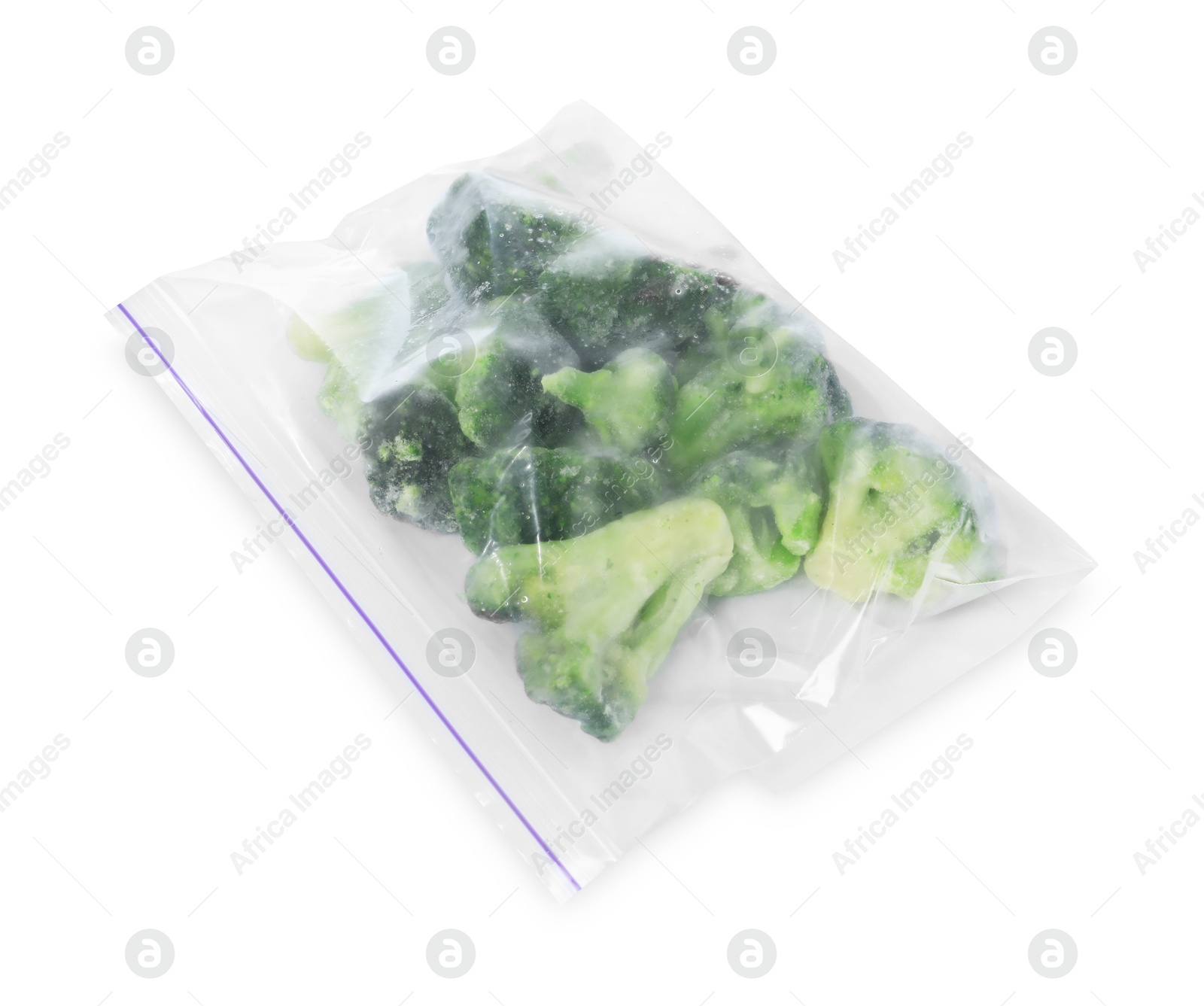 Photo of Frozen broccoli in plastic bag isolated on white