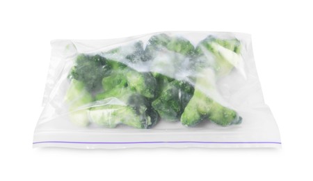 Photo of Frozen broccoli in plastic bag isolated on white