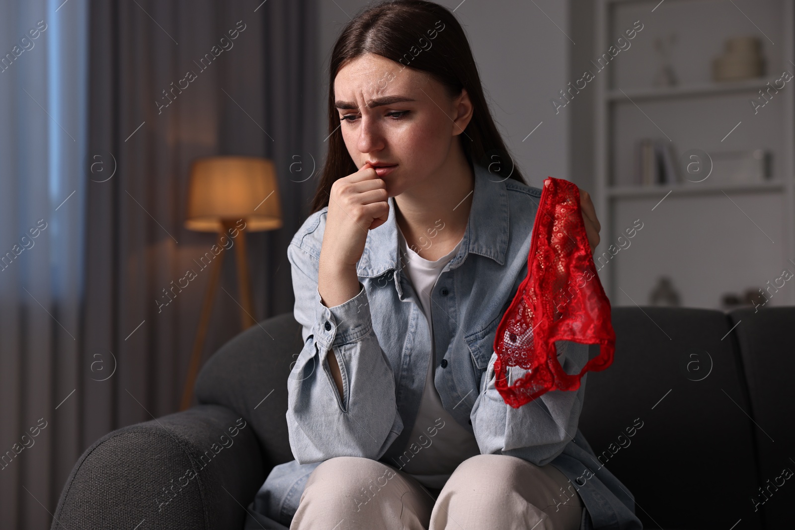 Photo of Frustrated wife with mistress panties alone at home