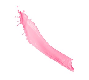 Image of Splash of strawberry milkshake in air on white background