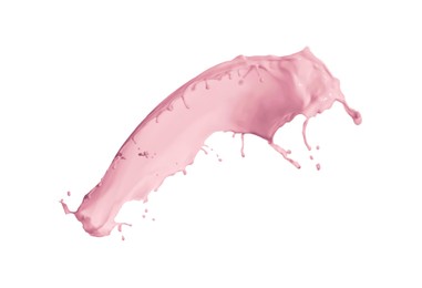 Image of Splash of strawberry milkshake in air on white background